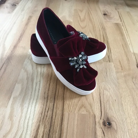 Zara Shoes - Zara burgundy velvet sneakers with beaded bow